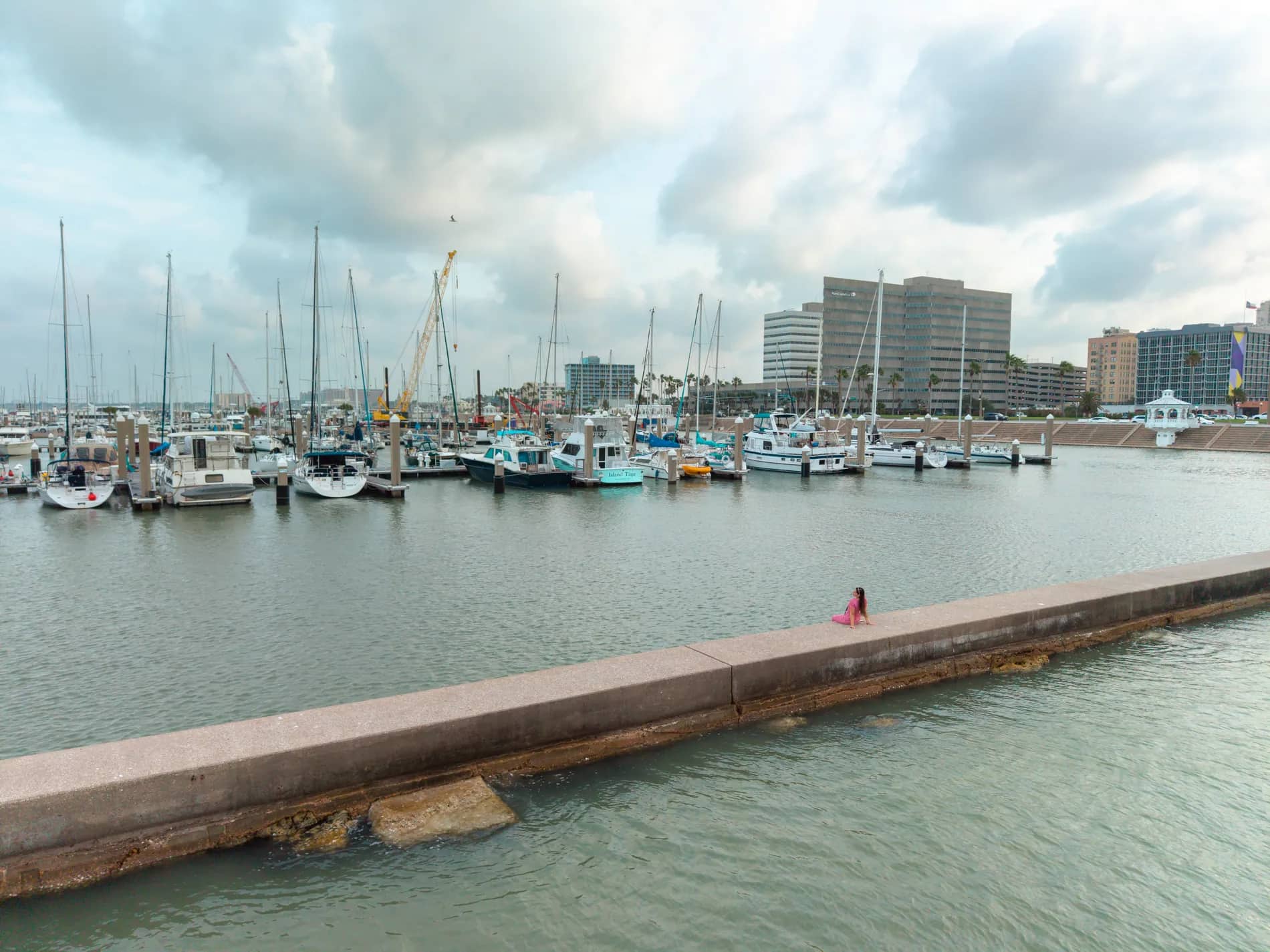Wide aerial view of the coastline and waterfront