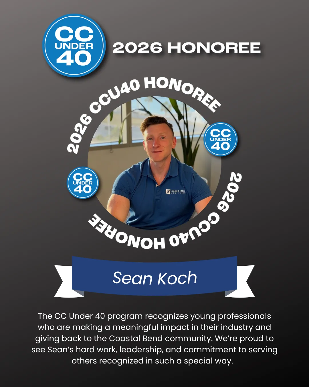 Social graphic celebrating a 40 Under 40 program honoree