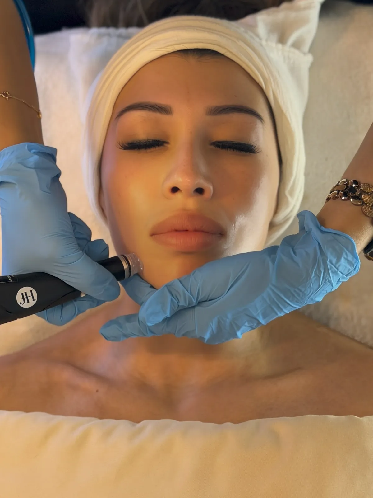 Close-up of a calming facial treatment at a med spa